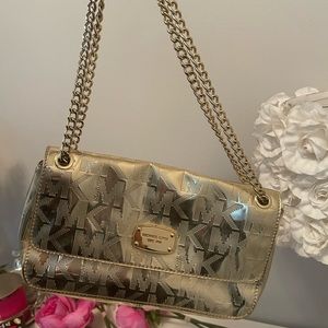 MICHAEL KORS CONV CHAIN ITEM PALE GOLD MIRROR METALLIC SHOULDER HAND BAG